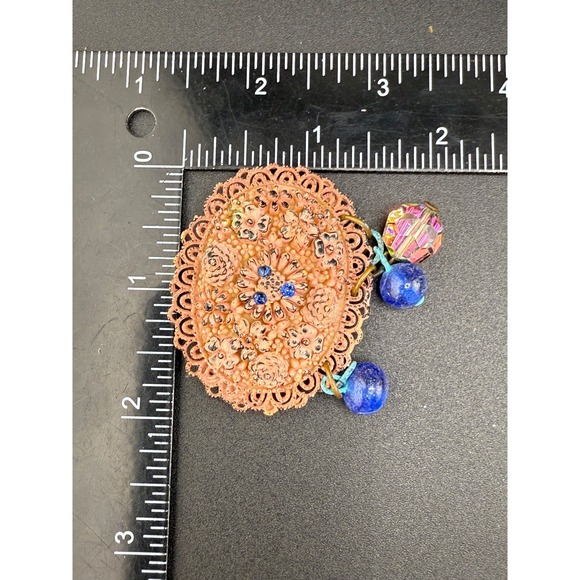 Vintage Celluloid Brooch Plastic Pink Beaded‎ Rhinestone Blue - Picture 5 of 8